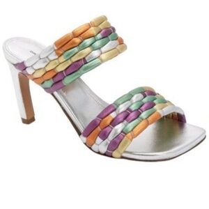 New Dries Van Noten Metallic Colorful Woven Sandal Two Strap Heels